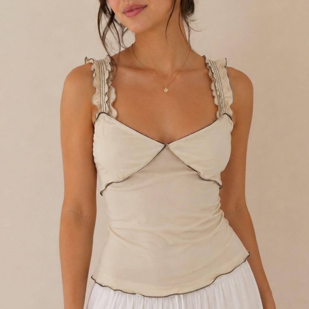 Vintage Max Studio Cream Ruffle Milkmaid Tank Top Coquette 90s Bustier Style S